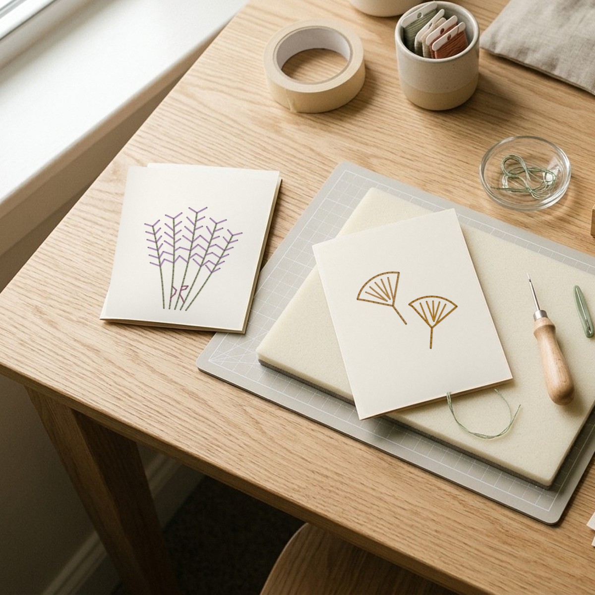 Paper embroidery workspace ready to begin