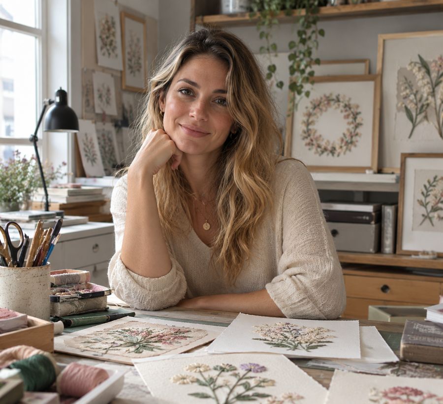 Claire Whitmore at her worktable, surrounded by stitched paper pieces and thread