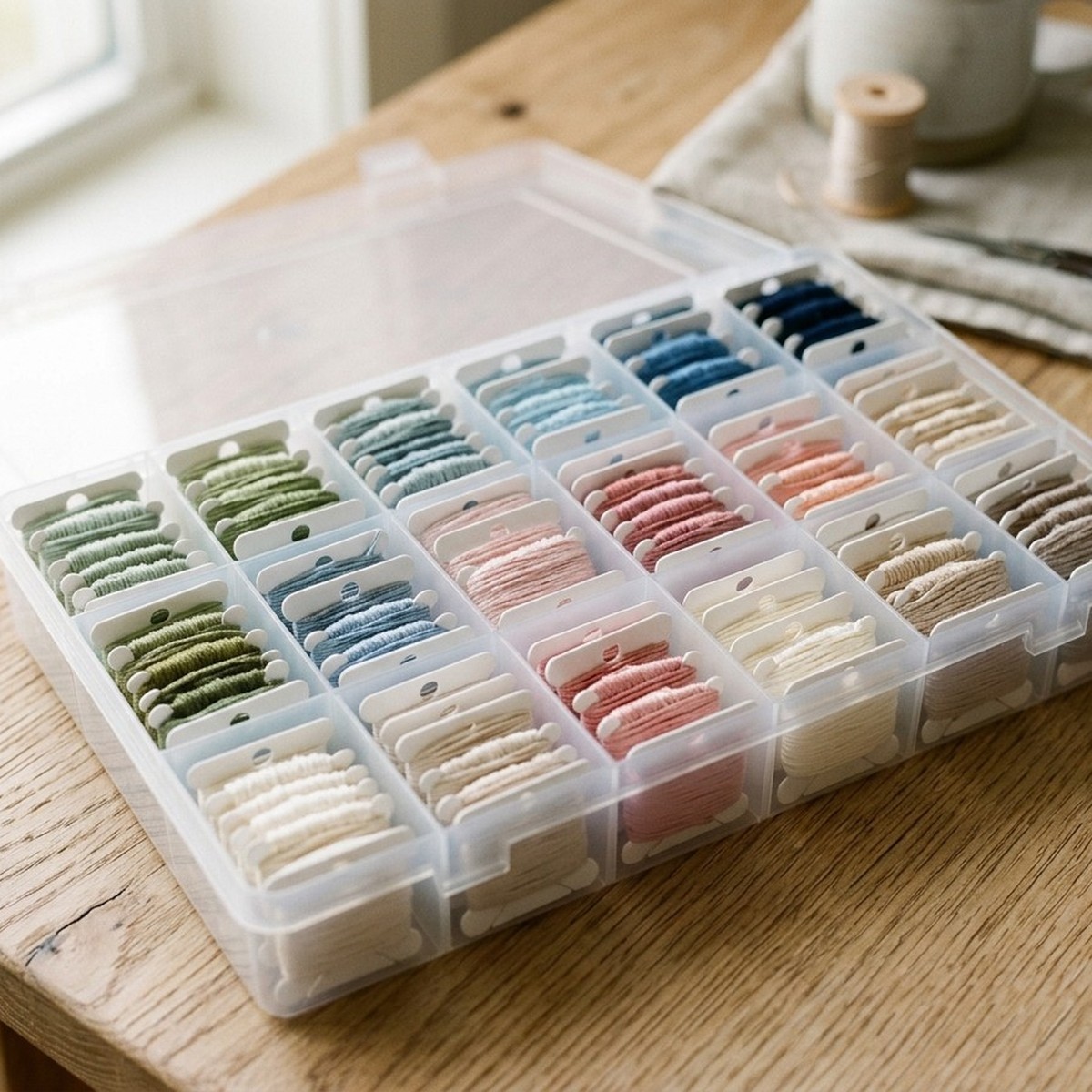 Embroidery thread arranged on card bobbins